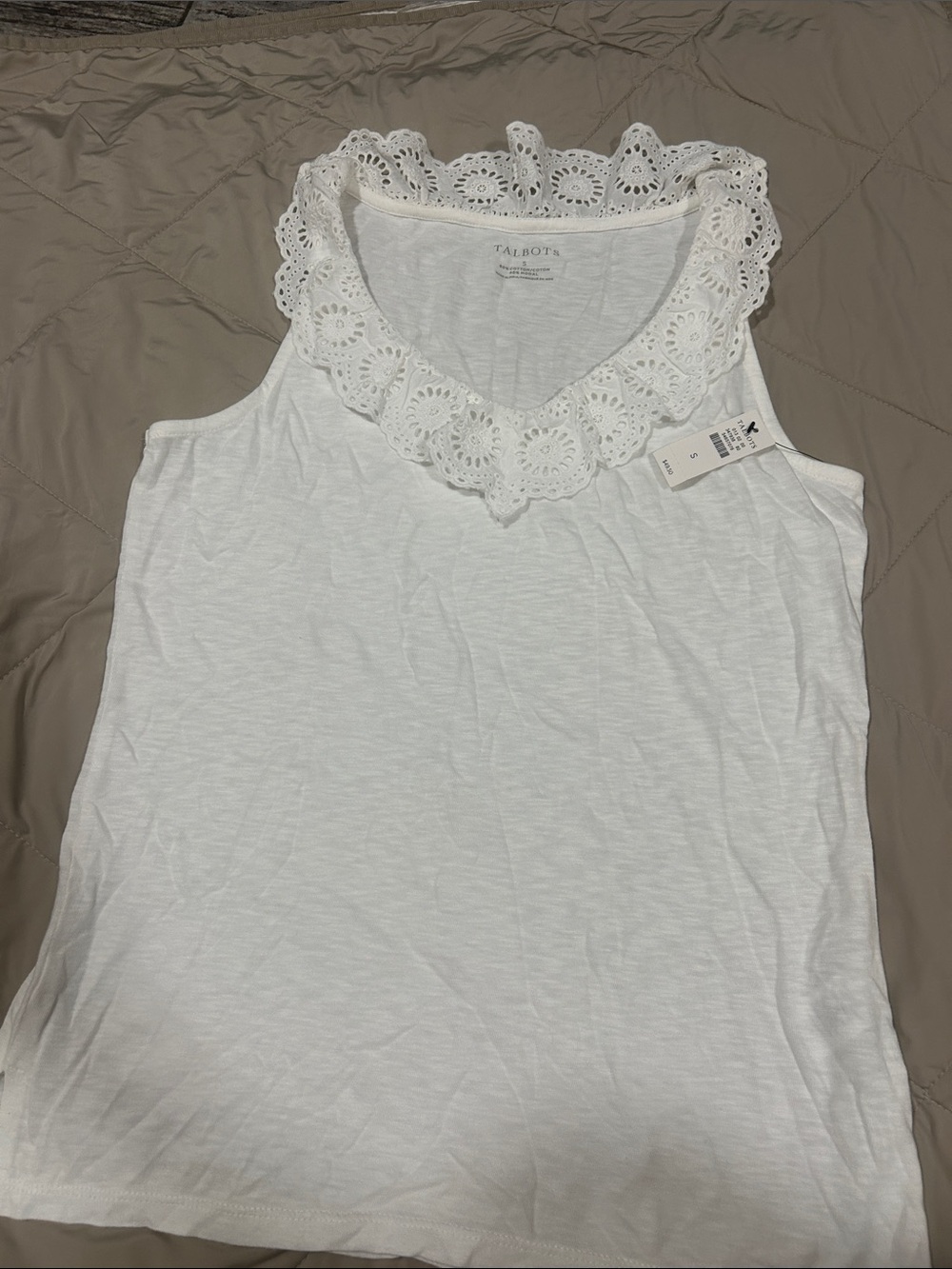 Talbots White Crochet-Trim Sleeveless Tank